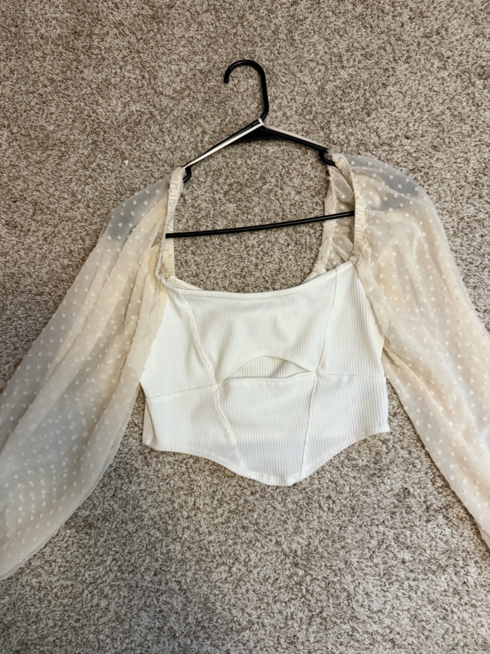 NWOT Urban Outfitters Ivory Ribbed Crop Top with Sheer Dotted Sleeves